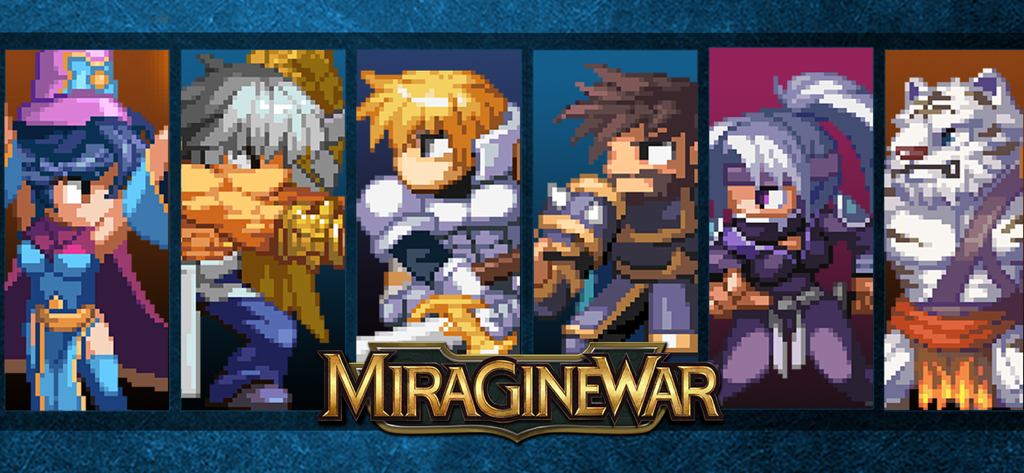 Alineación de personajes pixel art con el logo de Miragine War