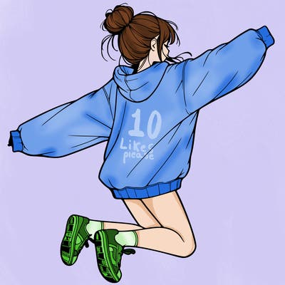 realistic girl jumping with a bun and oversized sweatshirt