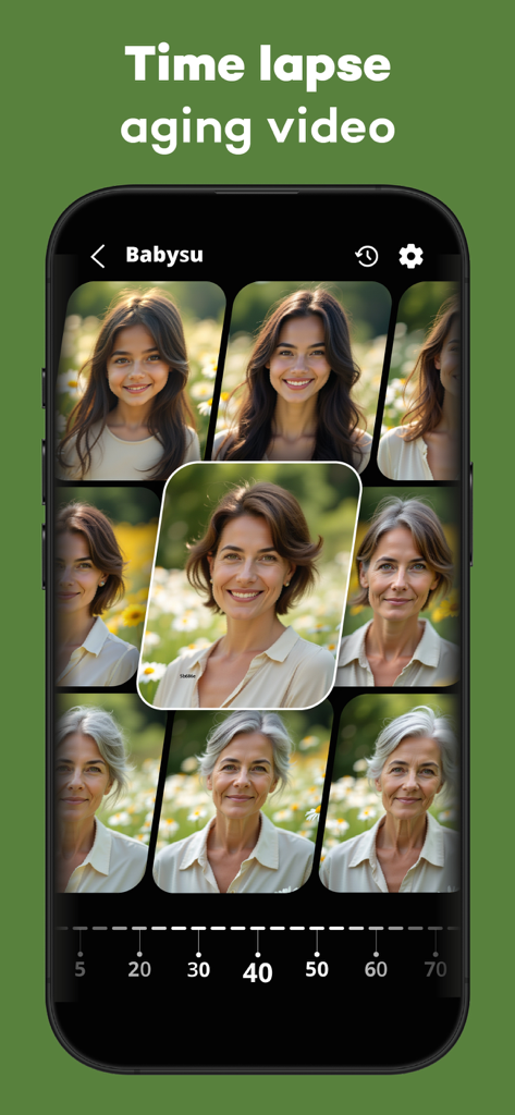 BabyS app interface showing the AI time lapse aging video feature with photos of a person from childhood to old age.