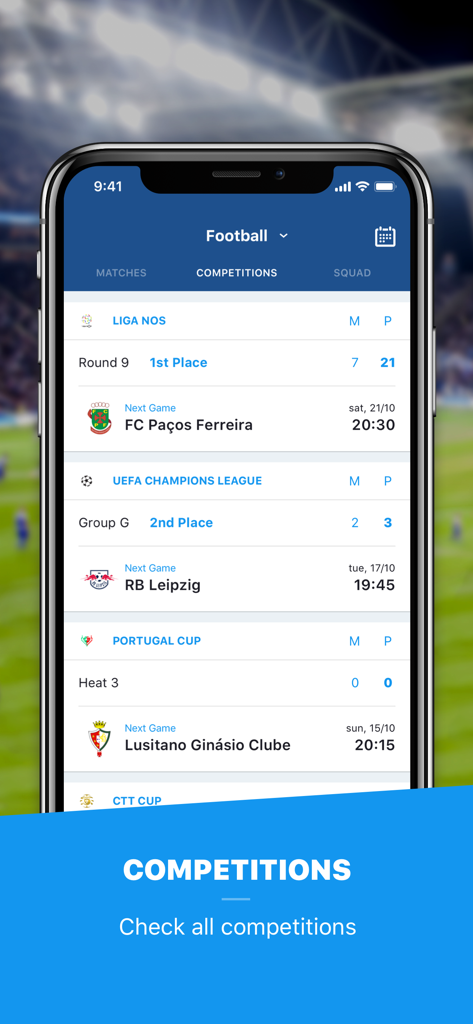 Official FC Porto app screen showing standings and upcoming matches for various football competitions