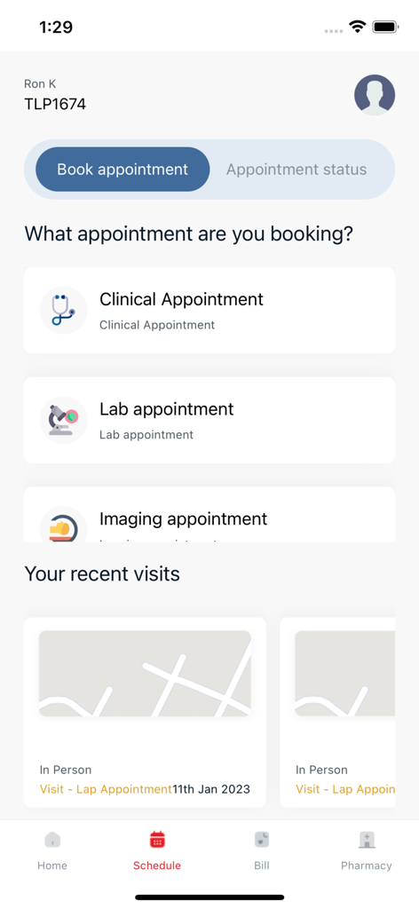 Talamus - Interface of the Talamus healthcare app showing options to book clinical lab and imaging appointments