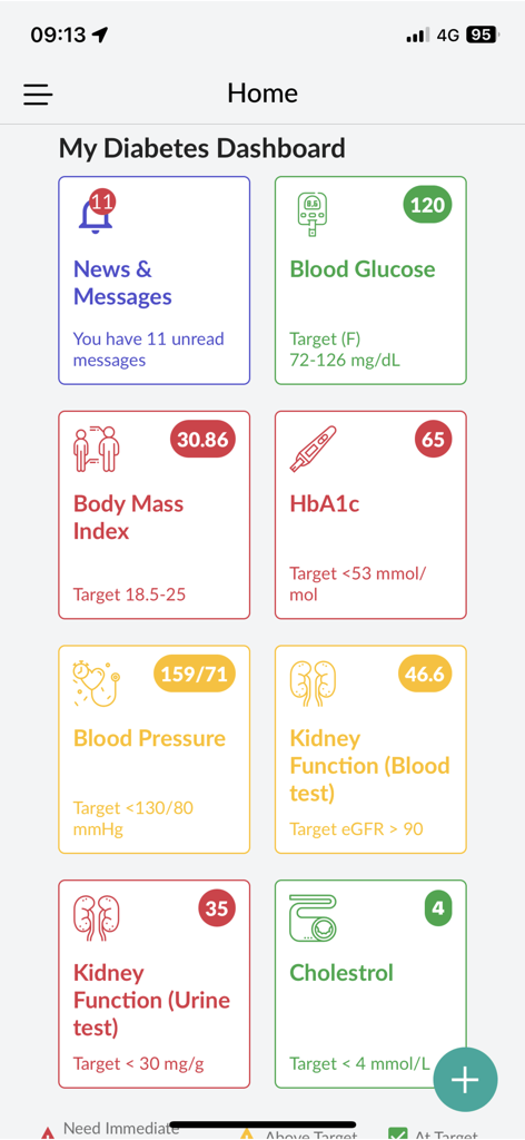 DiabetesConnect - A clinical dashboard displaying various health metrics like blood glucose and blood pressure with color coded indicators