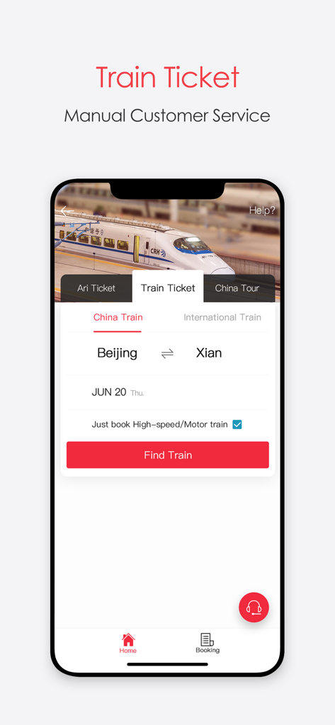 My China Taxi - China Taxi App - Tela do aplicativo My China Taxi mostrando opções para reservar uma passagem de trem de alta velocidade de Pequim para Xian.