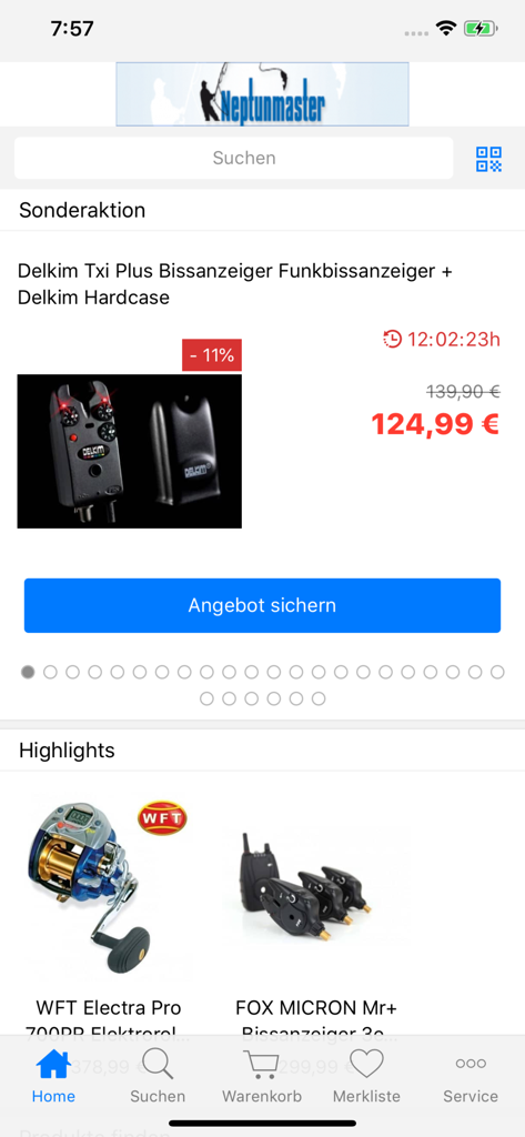 Neptunmaster - Neptunmaster fishing gear app home screen showing special offers and professional equipment