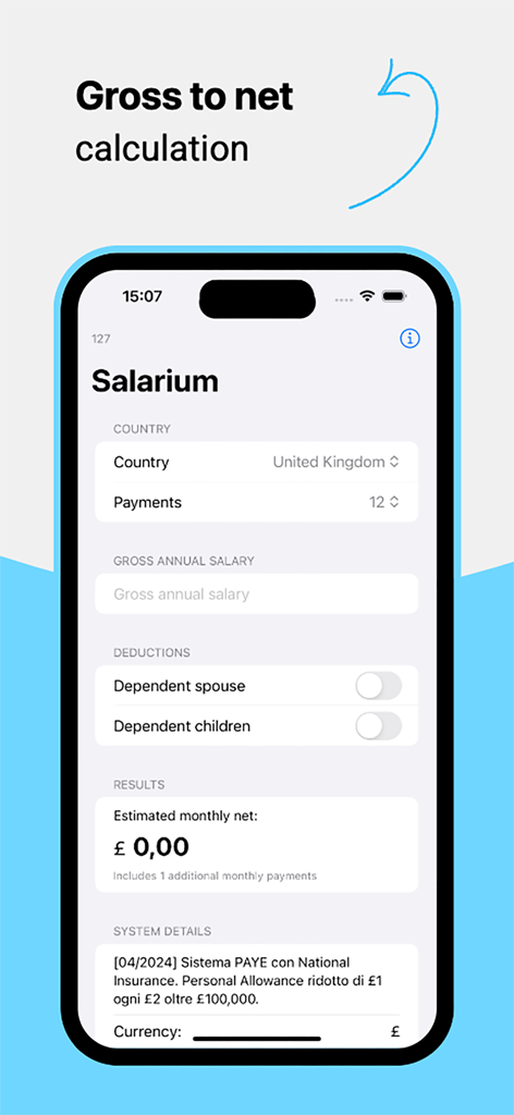 Salarium - Interfaccia dell'app Salarium che mostra un calcolo dello stipendio da lordo a netto per il Regno Unito con dettagli sul sistema fiscale