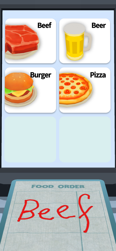 Order please! -Draw&Story game - A mobile game screen showing a menu with beef, beer, burger, and pizza, and a notepad where the word Beef is handwritten in red.