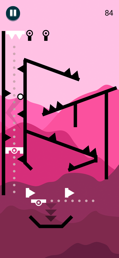 Una palla bianca che naviga attraverso un livello verticale con piattaforme nere con spuntoni sopra un paesaggio montano rosa nel gioco mobile Go Escape