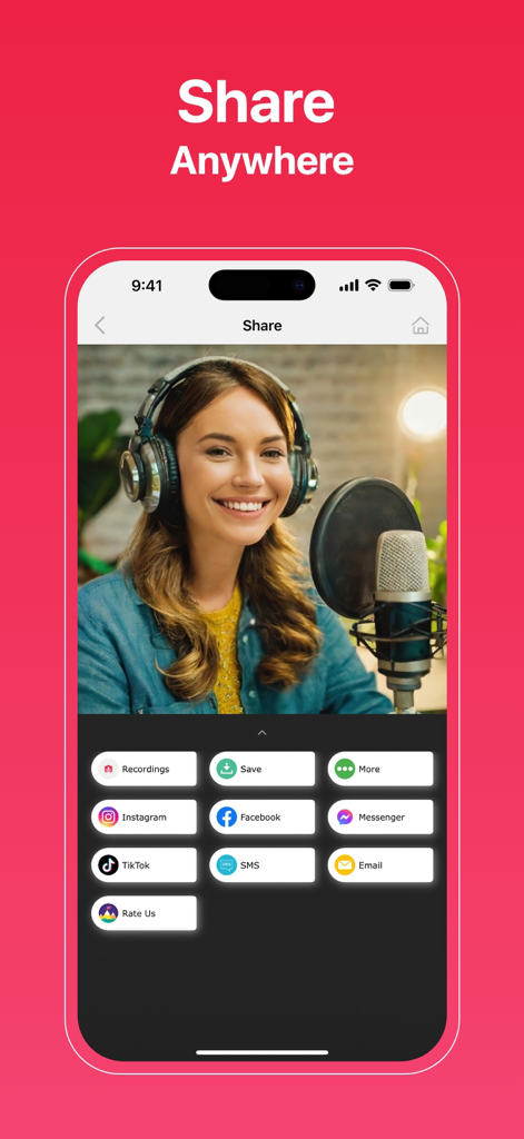 A mobile interface for the Screen Recorder app displaying multiple social media sharing options including TikTok and Instagram for a captured video