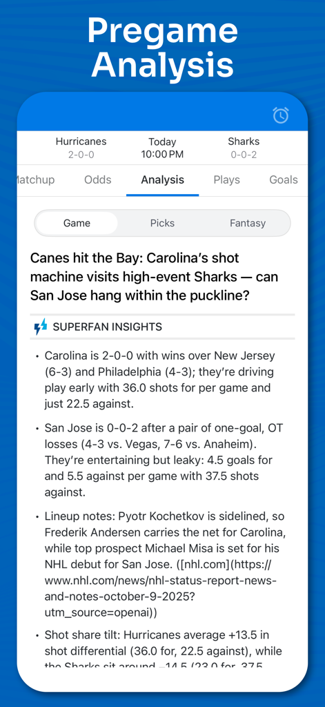 Superfan Sports: NHL Hockey - Vorab-Analysebildschirm in der Superfan Sports NHL Hockey-App mit Spiel-Einblicken und Teamstatistiken für Hurricanes gegen Sharks