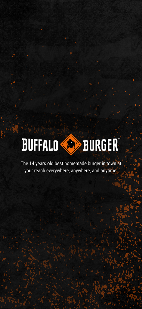 Buffalo Burgerアプリのスプラッシュスクリーン、会社ロゴとスローガンが暗い背景に表示されている