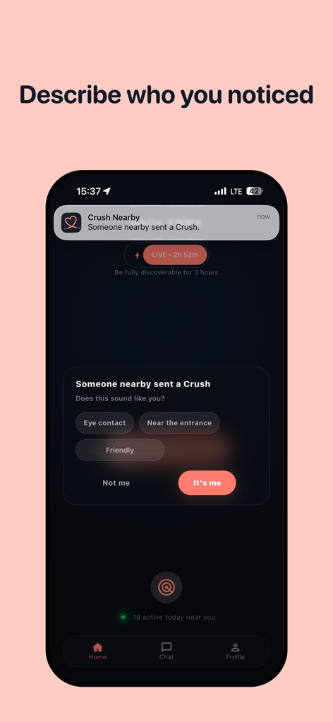 Crush Signals - A smartphone screen showing the Crush Signals app interface with a notification about a nearby crush and descriptive tags like eye contact to identify the user.