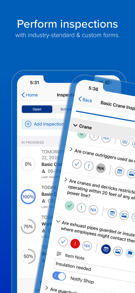 Telas do aplicativo HCSS Field mostrando formulários digitais de inspeção de segurança na construção e rastreador de progresso