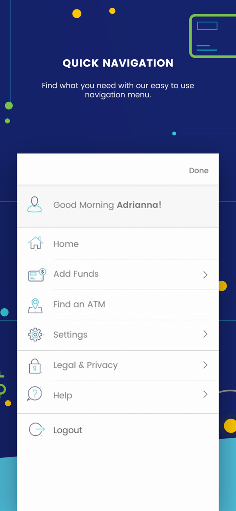 Paysign app quick navigation menu screen with options for home, add funds, and find an ATM