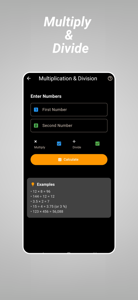 La función de multiplicación y división de la interfaz de la aplicación Calculator Pro y Math Solver