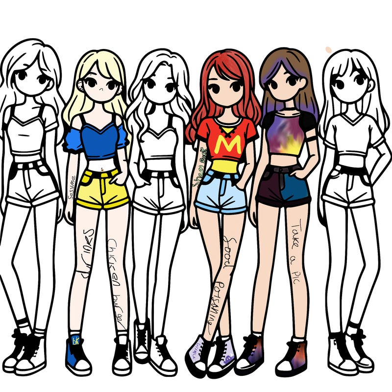 a group of girls wearing crop tops and shorts
