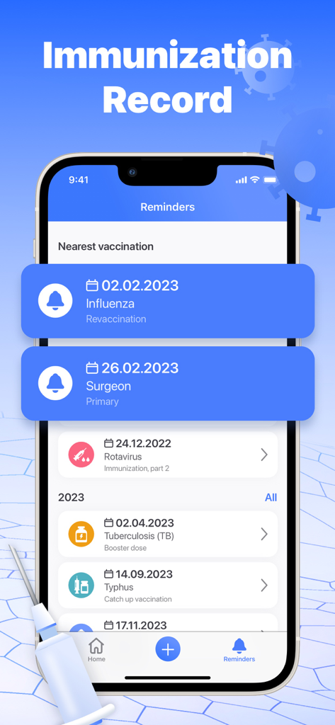 Vaccine & Immunization Record - Smartphone screen showing immunization record reminders for influenza and a history of vaccinations like tuberculosis.