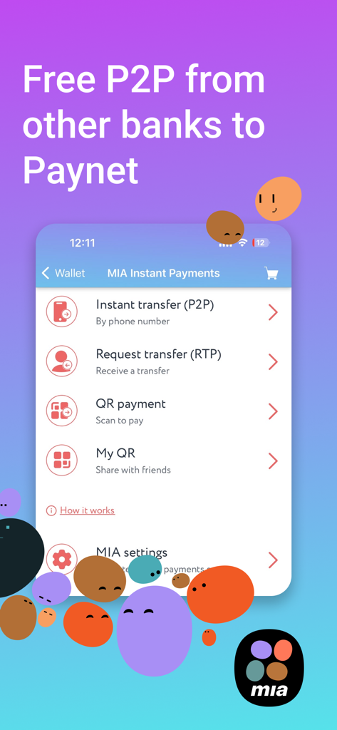 Paynet Wallet app interface showing MIA Instant Payments for free P2P transfers and QR payments.