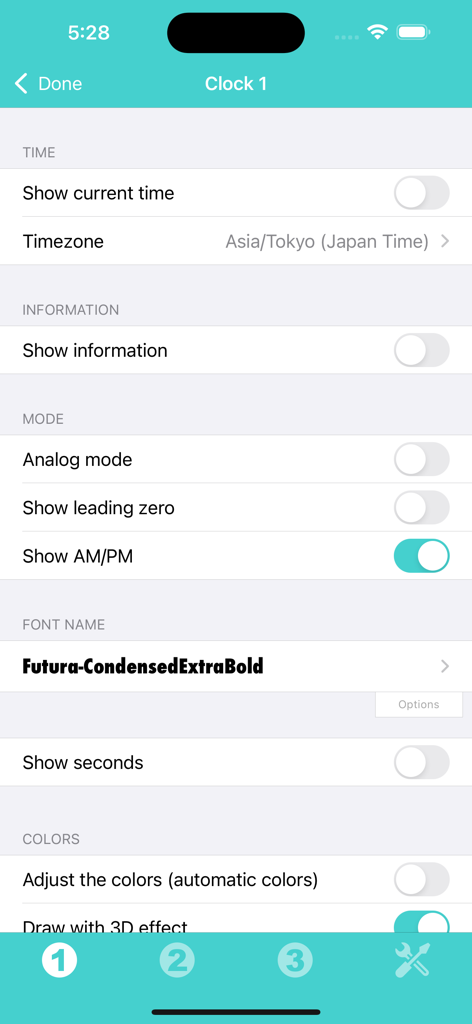 Clock Widget - Konfigurationsbildschirm der Clock Widget App, der Optionen zur Anpassung von Zeitzonen und Schriftarten anzeigt