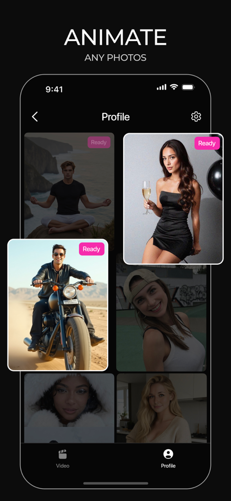 Voria: AI Video & Photo - A screen from the Voria app showing a profile gallery of high quality AI generated photos and animated content
