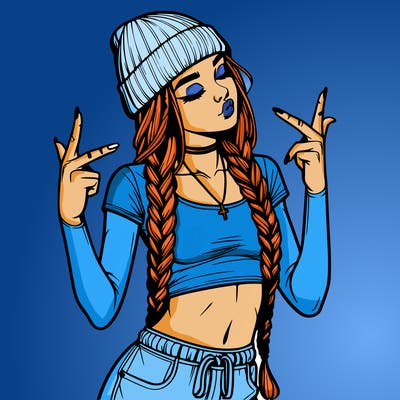 realistic teenage girl with braids and a beanie and crop top doing 🫶🏼