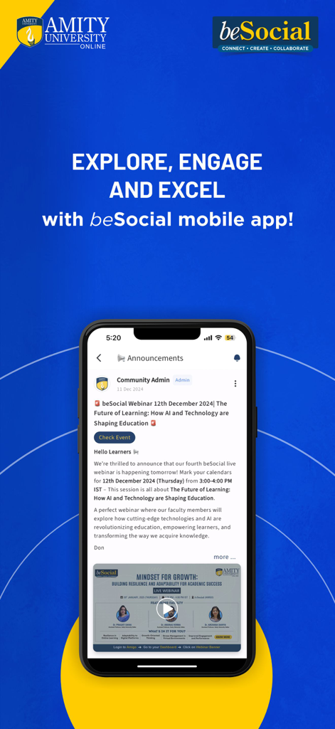 beSocial at Amity Online - Screenshot of the beSocial app showing an announcements feed for Amity Online students featuring a webinar on AI and technology.