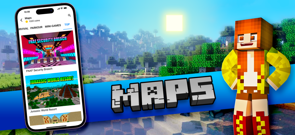 Ein Smartphone zeigt die Kartenkategorie in der App Skins for Minecraft Mods neben einem Charakter-Skin und einer landschaftlich reizvollen Hintergrundkulisse.