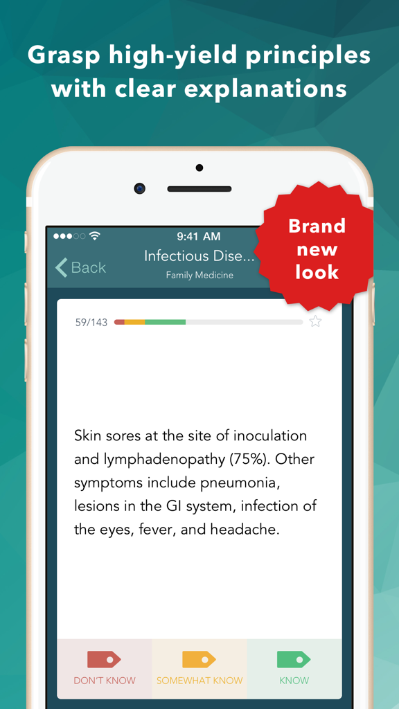 Family Medicine Board Review app showing a detailed medical flashcard and self-assessment buttons.