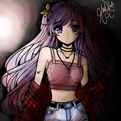 hot anime girl with long hair wearing a crop top and jorts