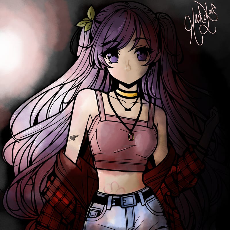 hot anime girl with long hair wearing a crop top and jorts