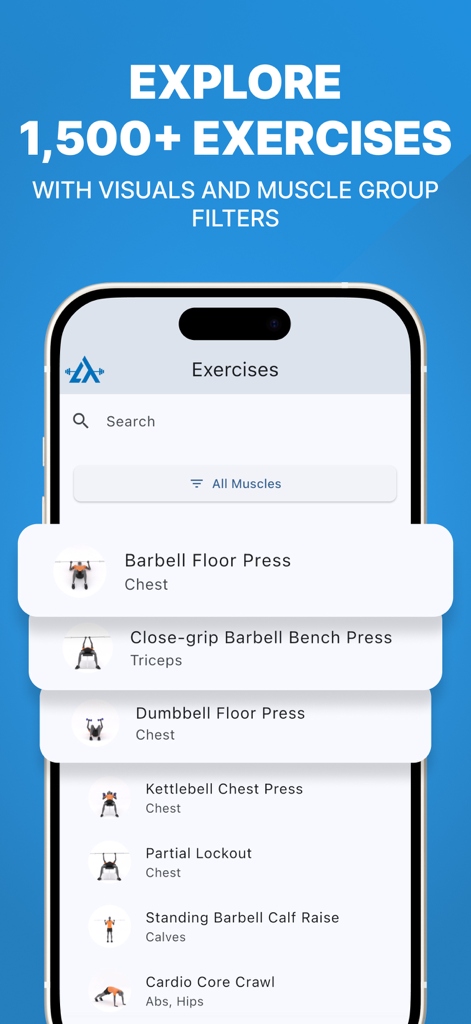 LiftTrack: Strength Training - LiftTrack app screen displaying a searchable library of over 1500 strength training exercises