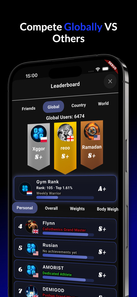 Pantalla de clasificación global en la aplicación Gym Rank que muestra las clasificaciones de fuerza de los usuarios y las puntuaciones competitivas.