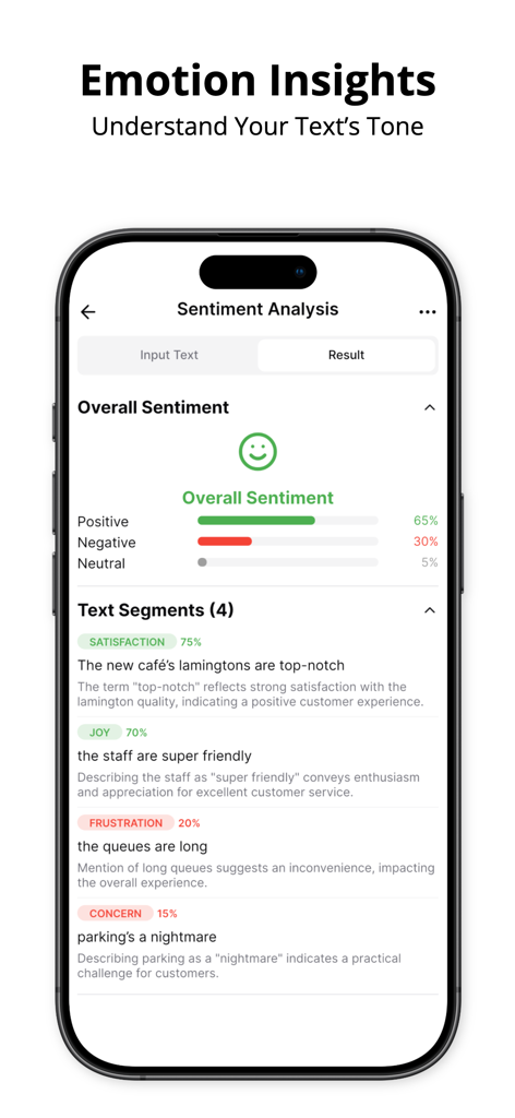 Sentiment analysis screen showing positive and negative text tone insights.