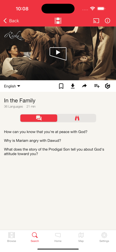 Jesus Film Project - Interface of the Jesus Film Project app showing a video player for the film In the Family from the Rivka series