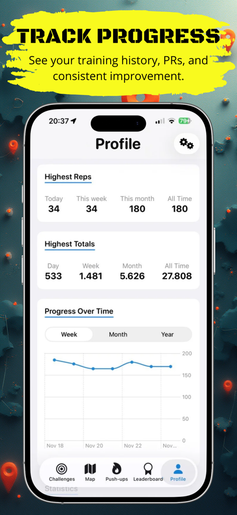 Pantalla de perfil de la aplicación Push Up Legends que muestra los totales de repeticiones más altos y gráficos de progreso a lo largo del tiempo