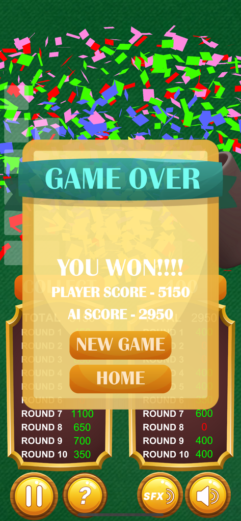 Farkle Pro - Dice Game - Game Over-Bildschirm, der einen Spielersieg im Farkle Pro Würfelspiel mit Punktzahlen und Konfetti zeigt.