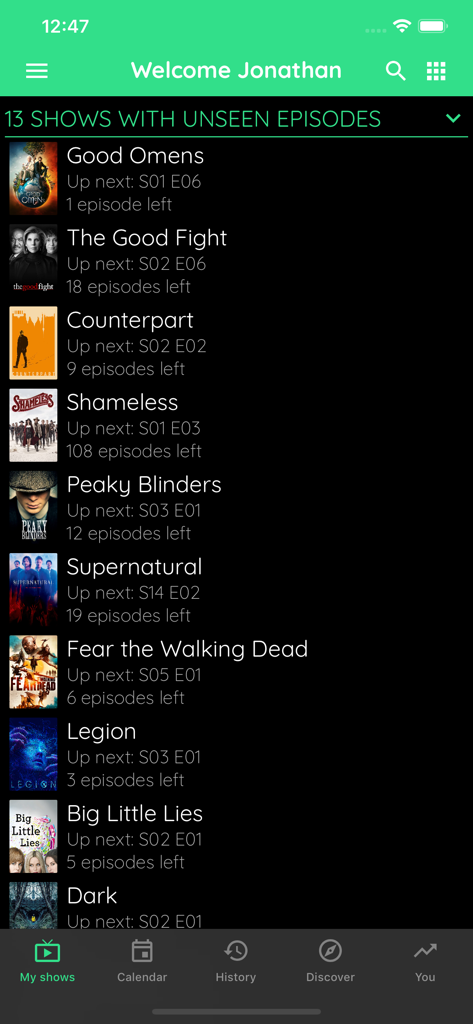 TV Show & Movie Tracker - A mobile app screen titled My Shows displaying a list of tracked TV series with unseen episode counts and progress details.