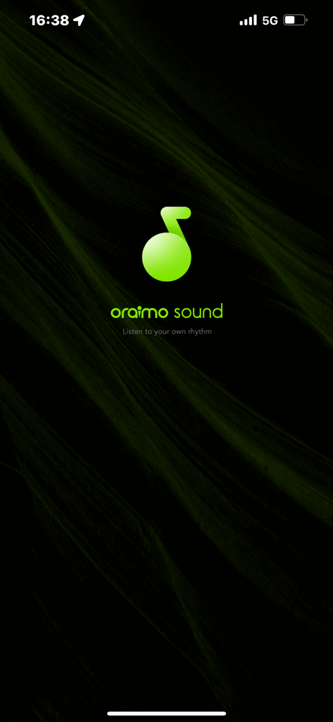 oraimo sound app splash screen featuring a green music note logo on a dark textured background