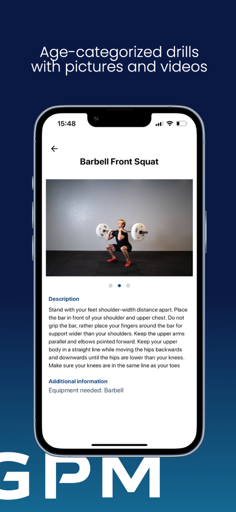 GPM - Sport - GPM Sport app interface displaying a barbell front squat drill with step by step instructions and a photo