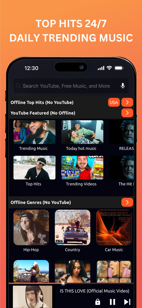 Music Downloader app home screen showing trending hits and offline music genres