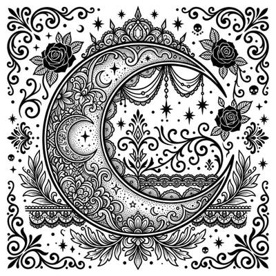 Dive into a world of dark elegance and celestial mystery with this stunning gothic dot work moon coloring page. Its intricate details and ornate patterns offer a unique and captivating artistic experience for all skill levels.