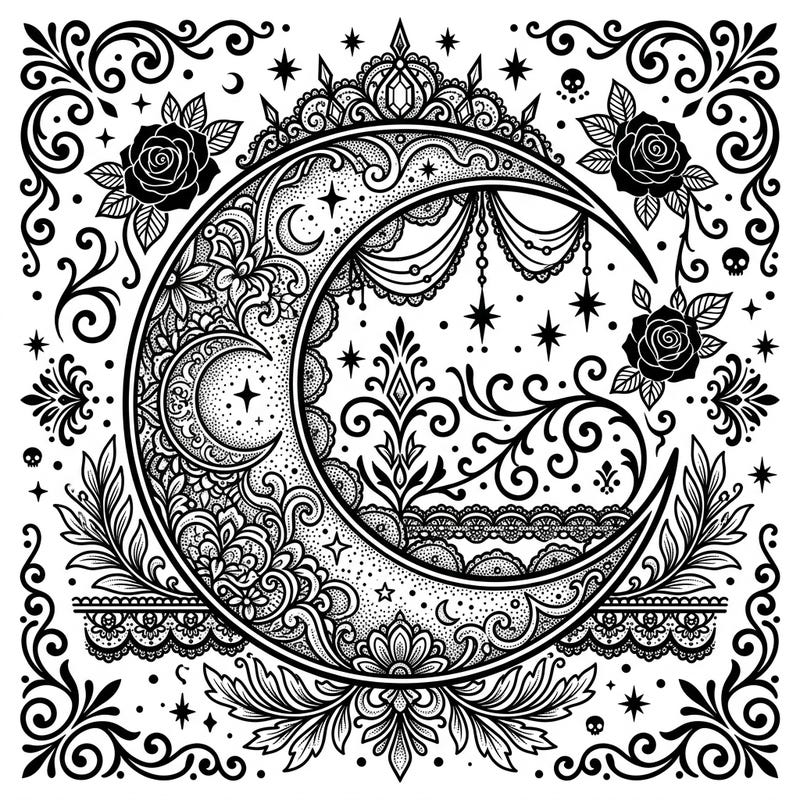 Dive into a world of dark elegance and celestial mystery with this stunning gothic dot work moon coloring page. Its intricate details and ornate patterns offer a unique and captivating artistic experience for all skill levels.