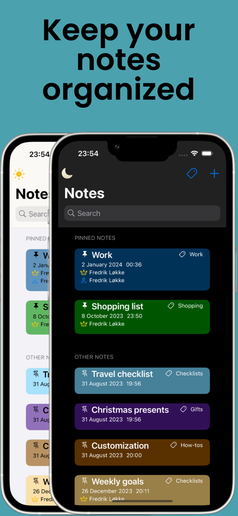 Cloud Notes: Notes and Lists - La aplicación Cloud Notes muestra listas organizadas en modos claro y oscuro en pantallas de iPhone