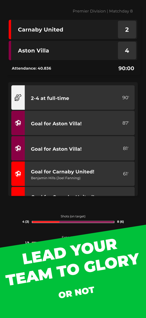 Club Boss - Football Game - Club Boss football game match result screen showing scoreboard and goal timeline