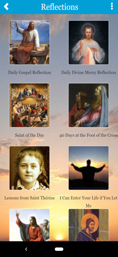 Reflections screen of the My Catholic Life app featuring daily Gospel and Saint of the Day tiles