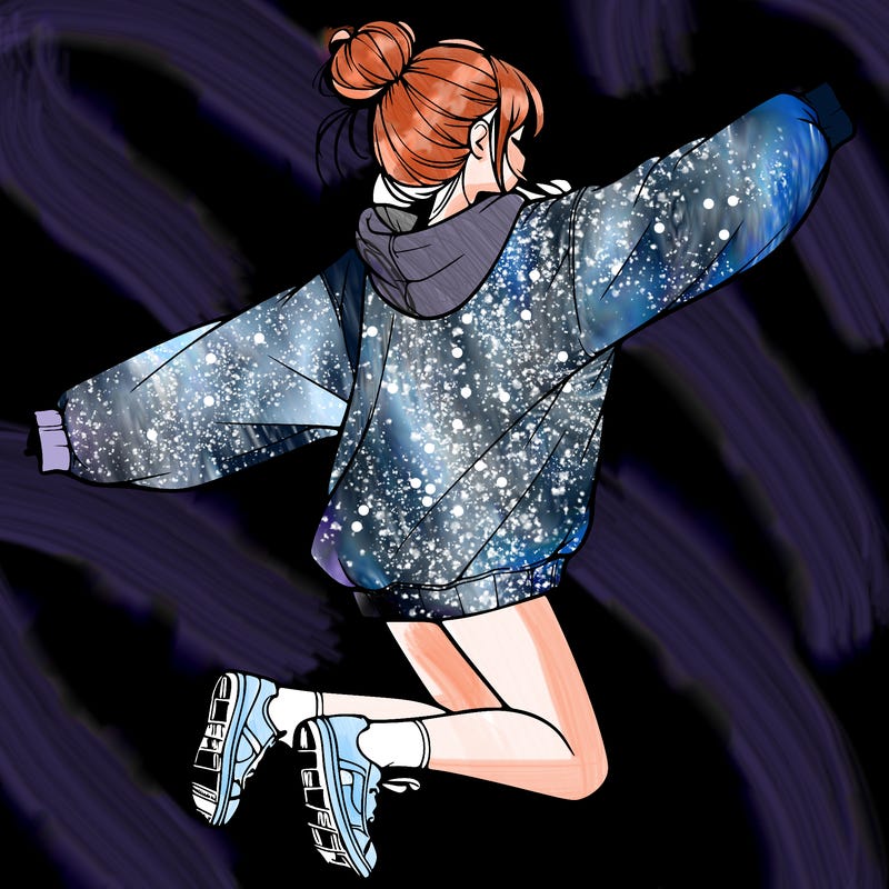 realistic girl jumping with a bun and oversized sweatshirt