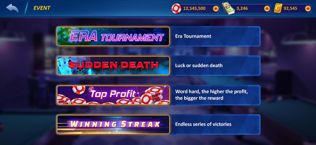 Sir Snooker: 8 Ball & 9 Ball - Game events menu for Sir Snooker showing tournament modes like Era Tournament and Sudden Death.
