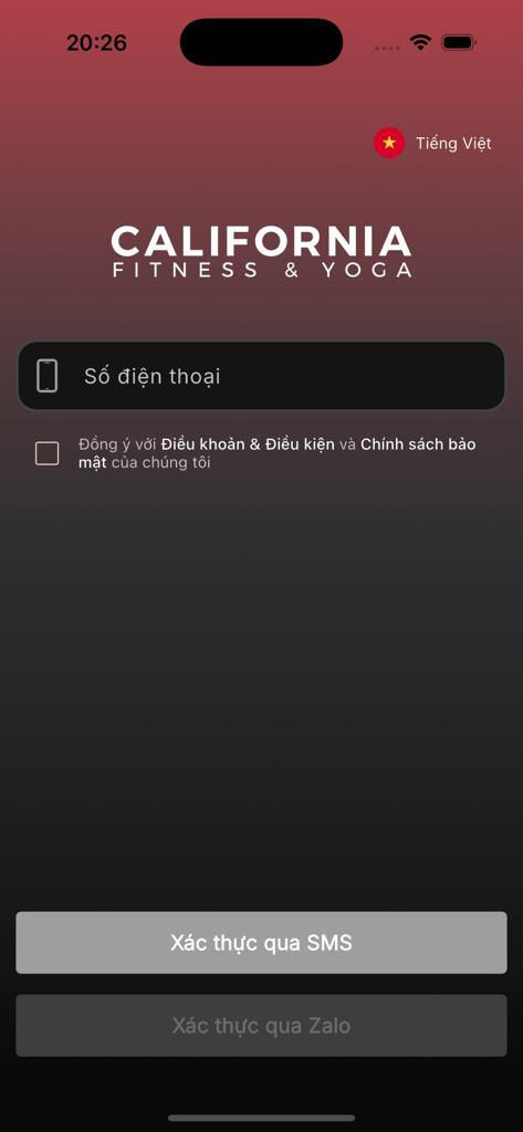 Cali Life - Login screen for the Cali Life app by California Fitness and Yoga with phone number entry and SMS verification buttons.