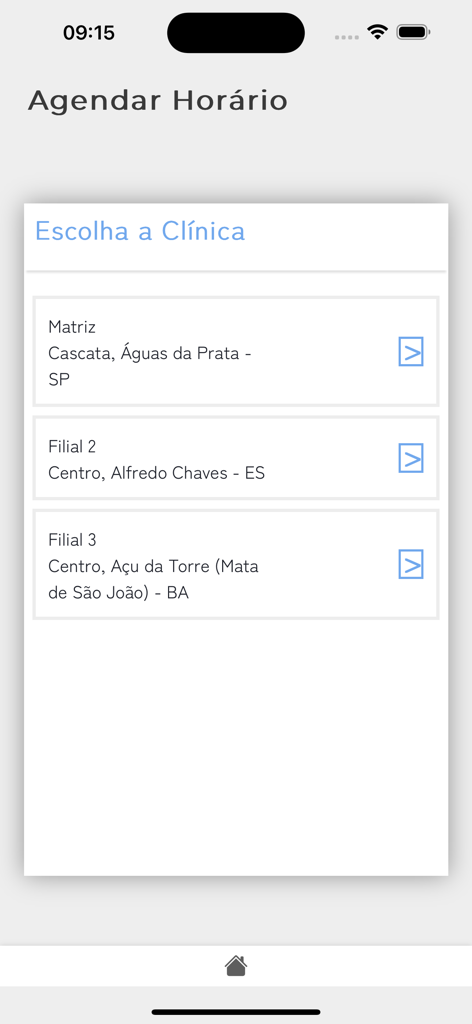 Clínica Ágil para pacientes - Pantalla del móvil para seleccionar la ubicación de una clínica para programar una cita.