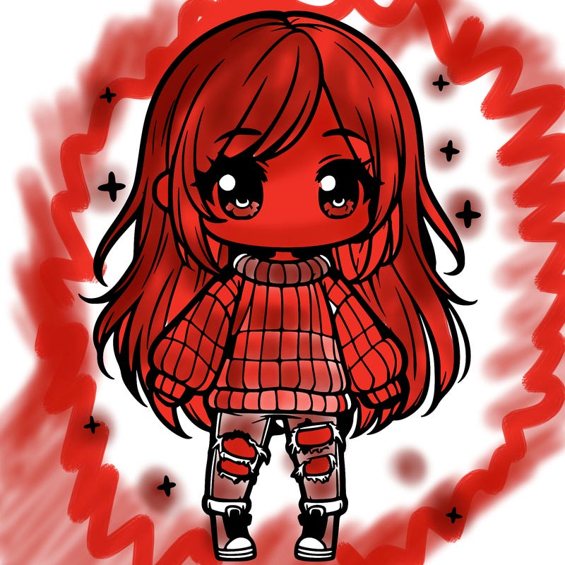 chibi girl with ripped jeans,long hair, and an oversized sweater
