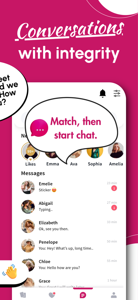 Celibate - Date with Intention - The messaging screen of the Celibate dating app showing a list of active chat threads under the heading Conversations with integrity.